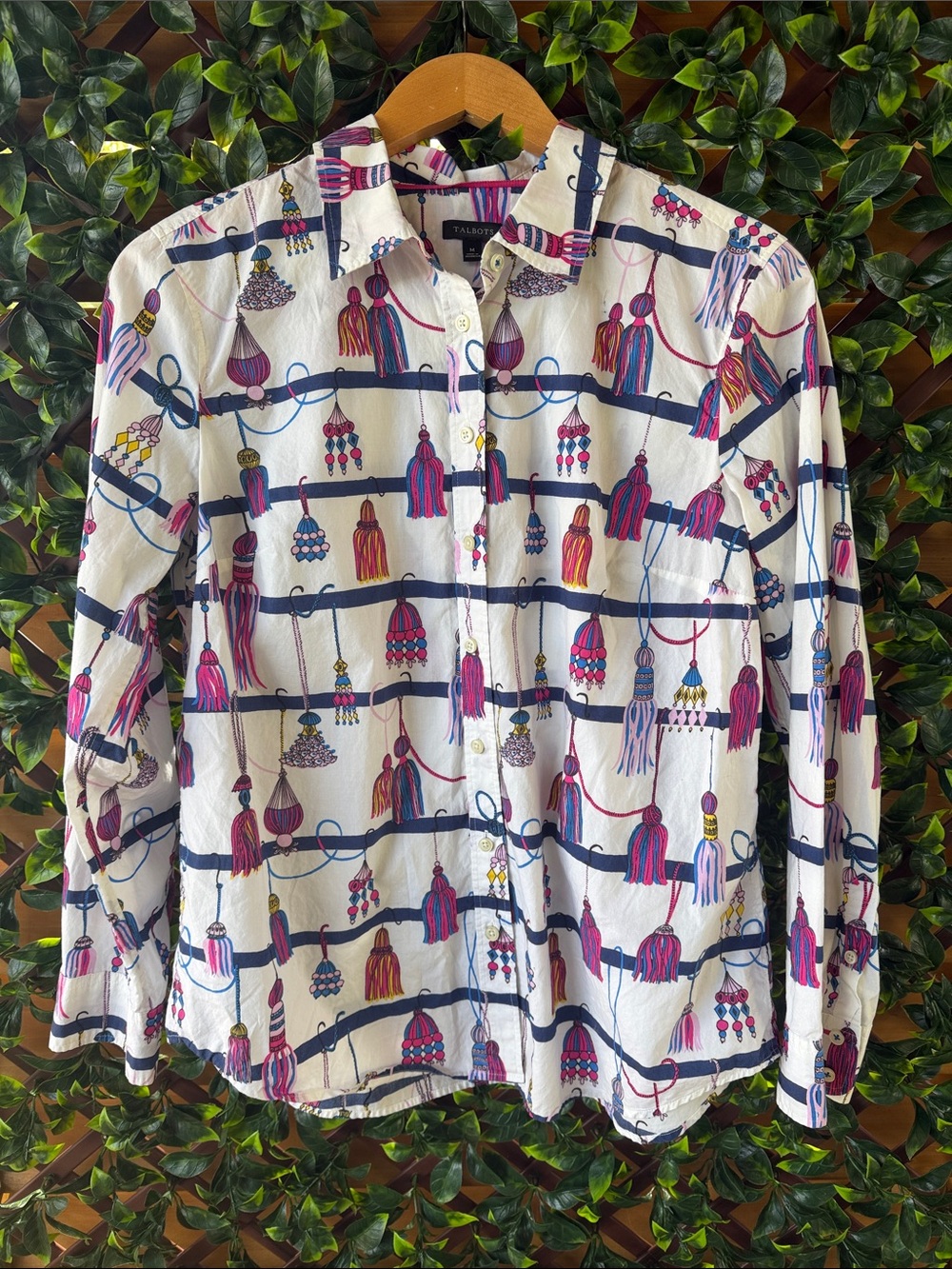 Talbots White Button-Down Shirt with Navy & Pink Tassel Print